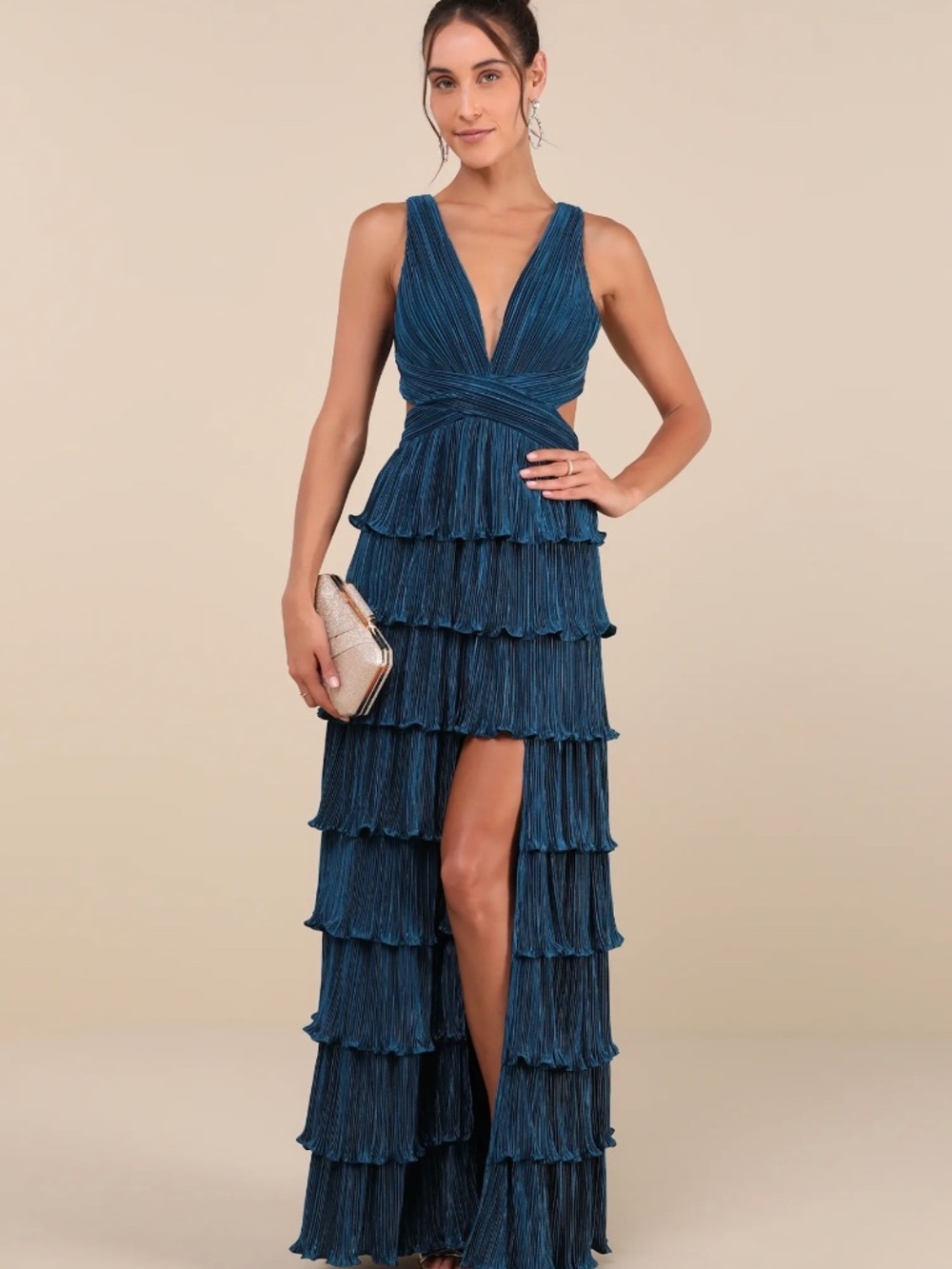 Beauty Icon Dark Teal Satin Pleated Tiered Lace-Up Maxi Dress
